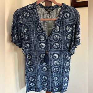 Lauren Ralph Lauren‎ Women’s Blue White Boho Top Blouse with Tassels Size M NWT